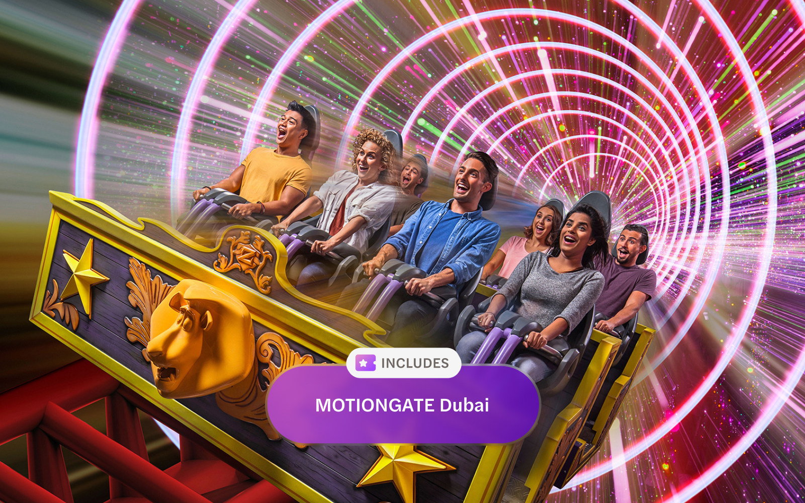 Visitors enjoying a roller coaster ride at MOTIONGATE Theme Park, Dubai Parks and Resorts.