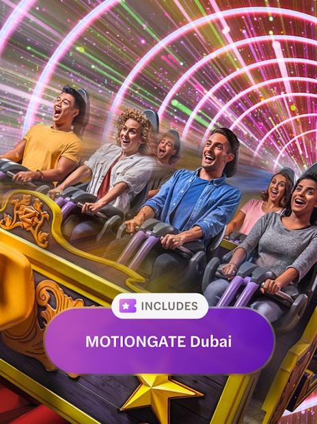 Visitors enjoying a roller coaster ride at MOTIONGATE Theme Park, Dubai Parks and Resorts.