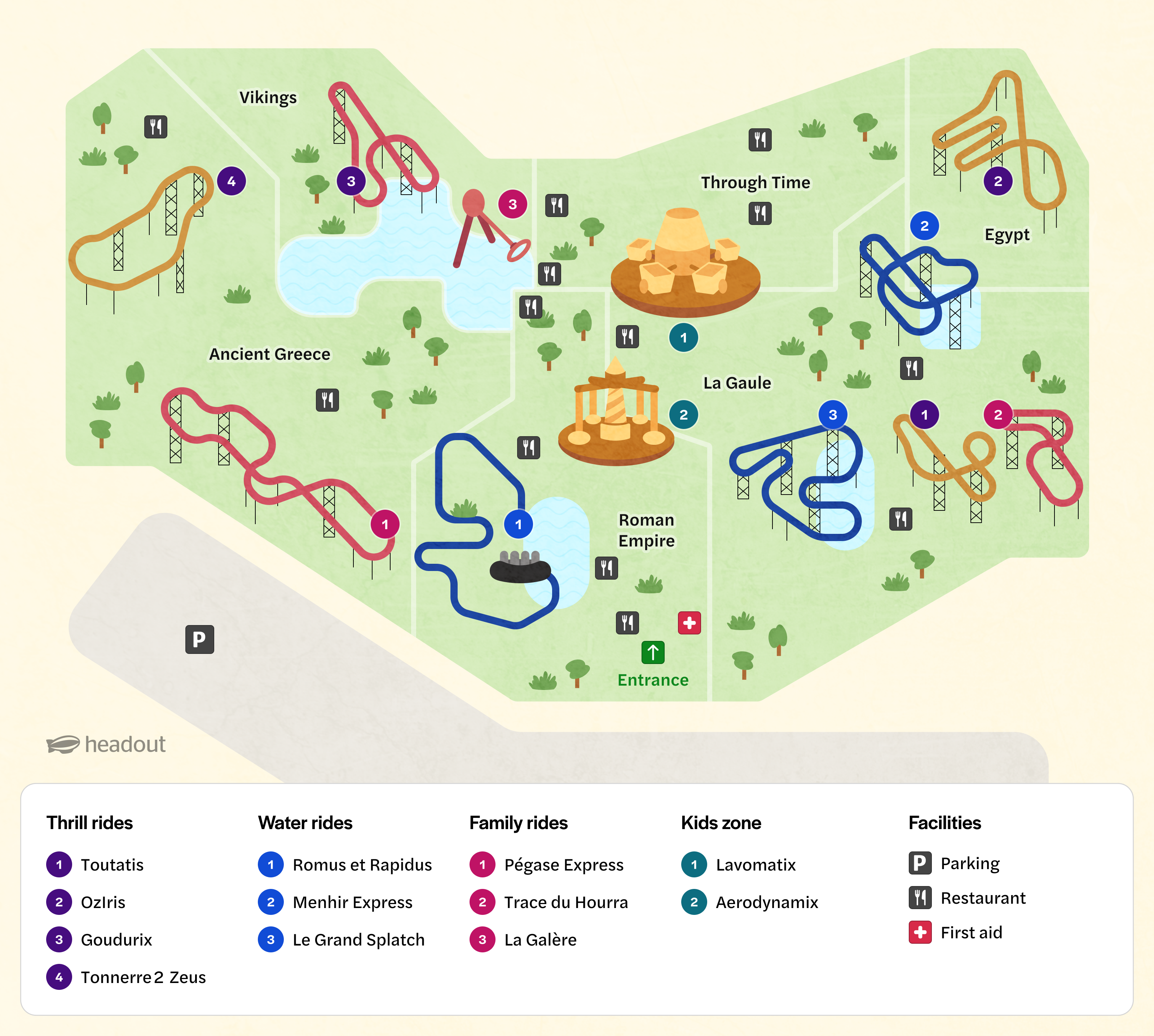 Map of Park Astérix with 6 themed zones and popular rides.