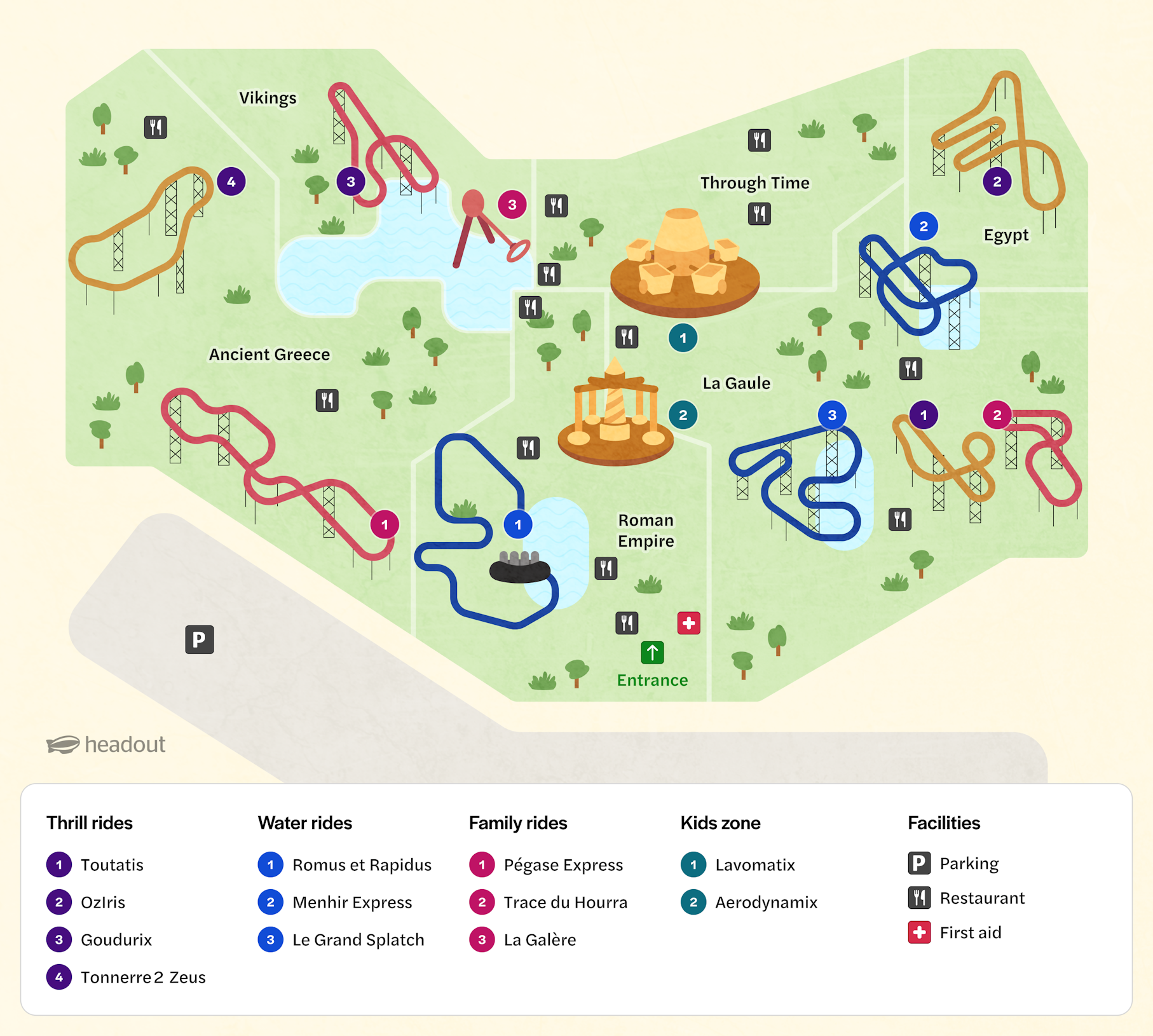 Map of Park Astérix with 6 themed zones and popular rides.