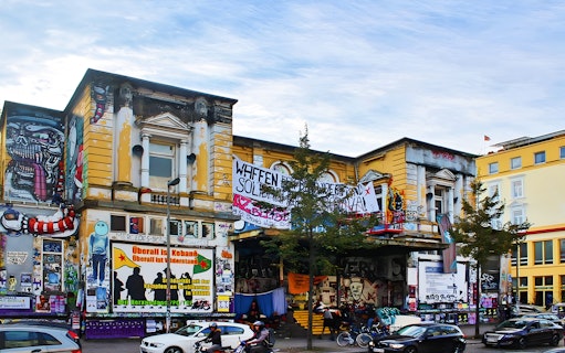 Street art and graffiti on a building in Sternschanze, Hamburg, during a guided walking food tour.