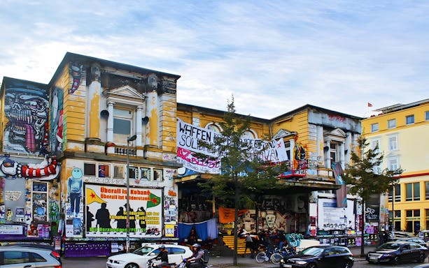 Street art and graffiti on a building in Sternschanze, Hamburg, during a guided walking food tour.