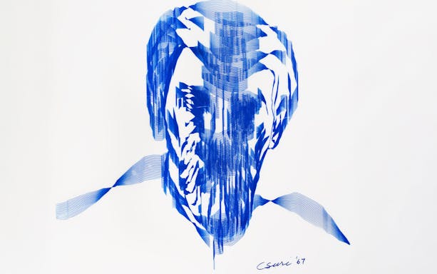Abstract blue line art by Charles Csuri, titled "Sine Curve Man" from 1967.