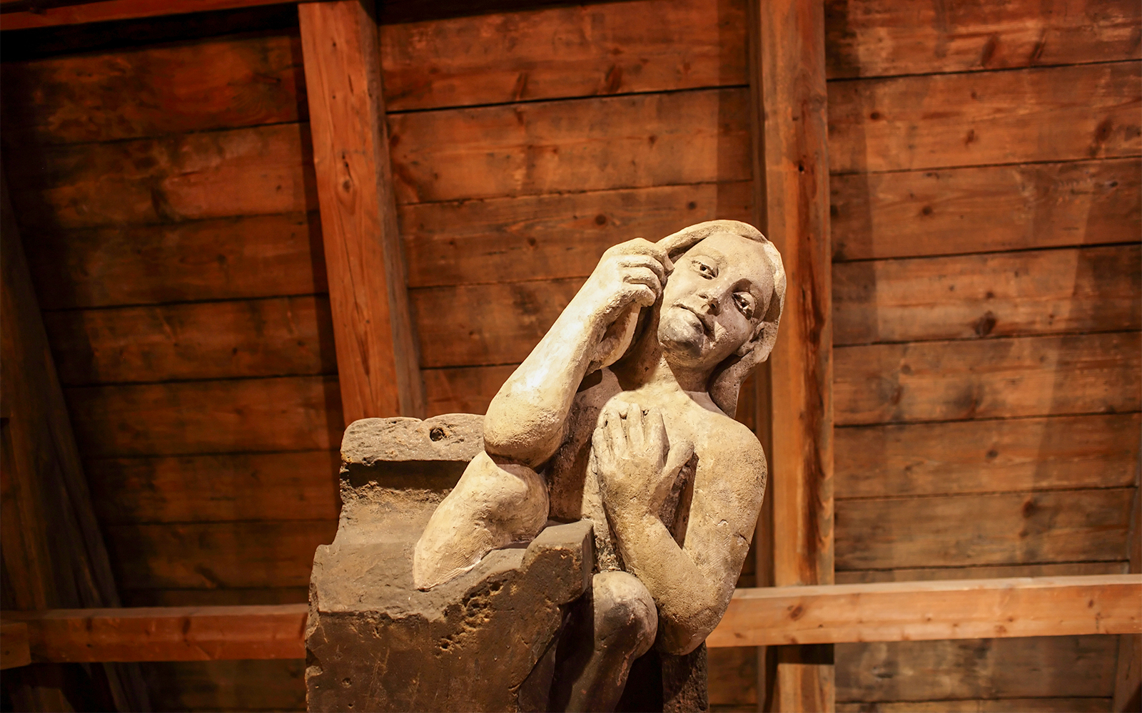 Stone sculpture inside Prague Castle Powder Tower.