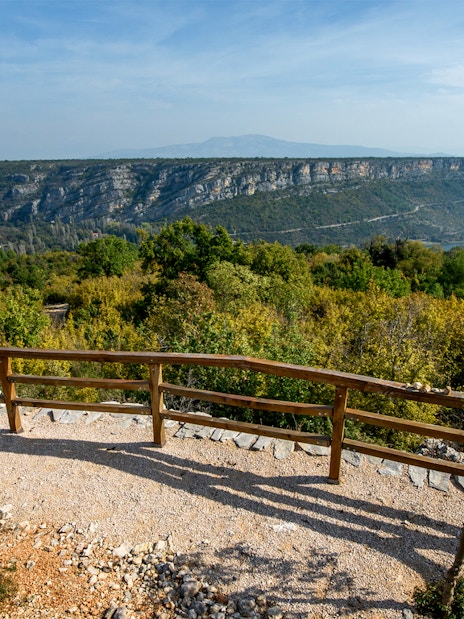 View from a wooden railing at Krka National Park overlooking lush greenery and distant cliffs.