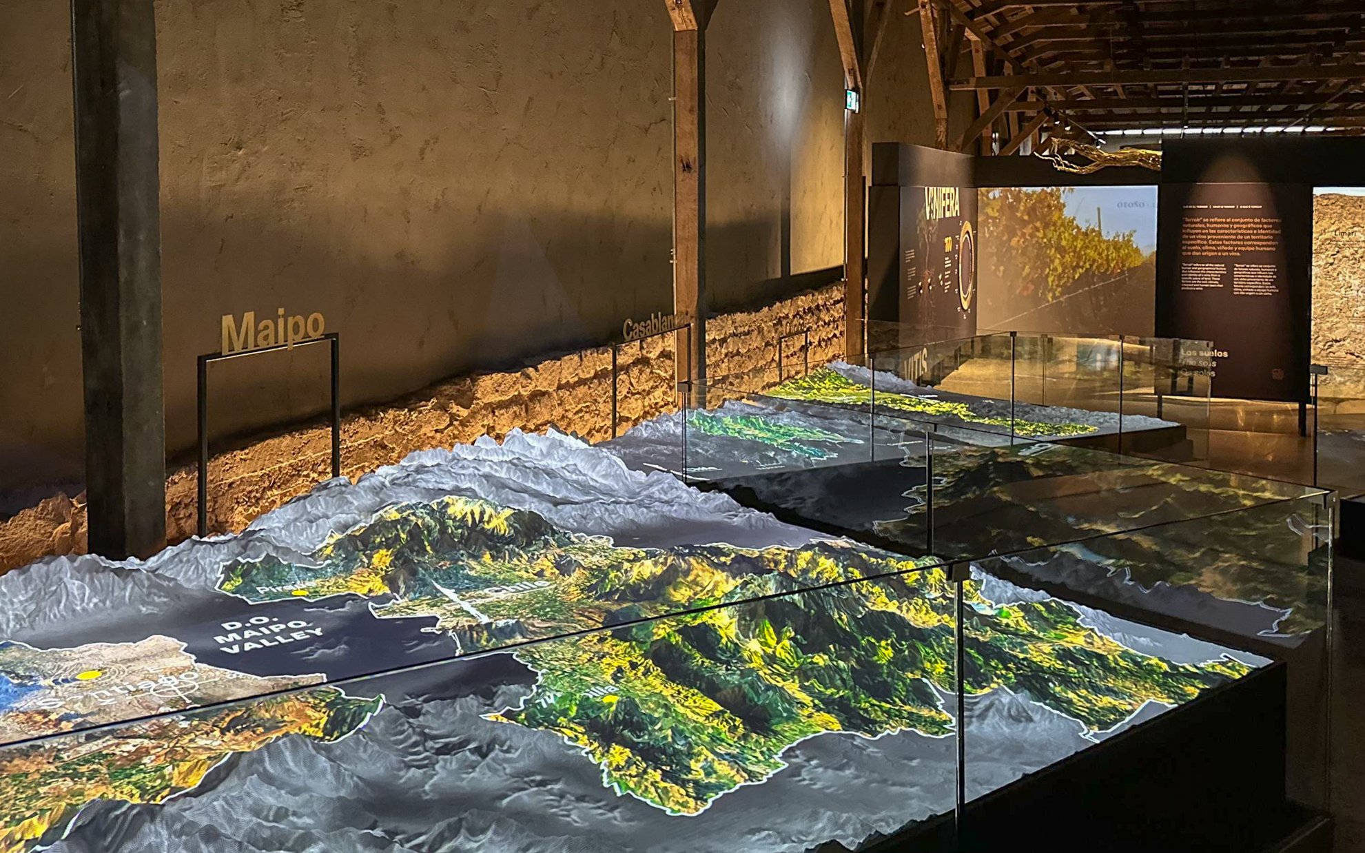 Interactive digital map display at Concha y Toro Wine Center, Maipo Valley, Chile.