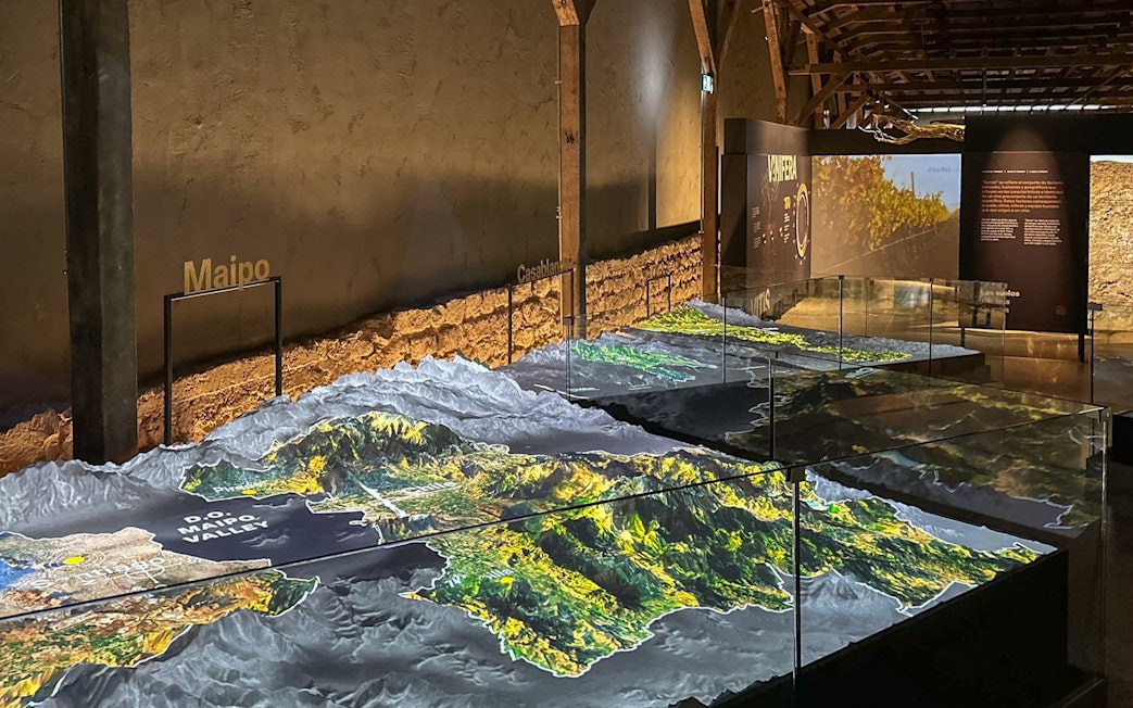 Interactive digital map display at Concha y Toro Wine Center, Maipo Valley, Chile.