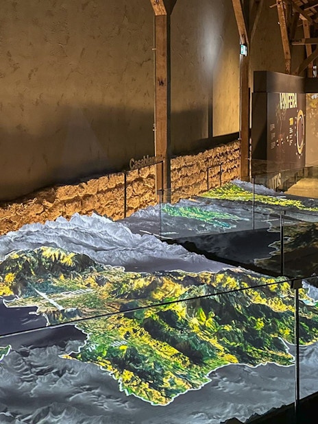 Interactive digital map display at Concha y Toro Wine Center, Maipo Valley, Chile.