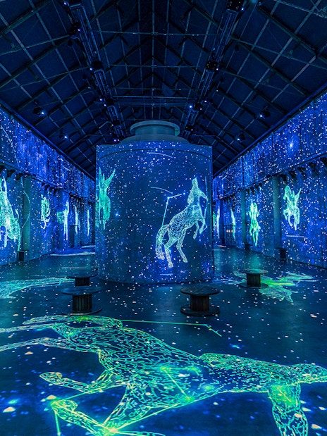 Digital constellations projected in Fabrique des Lumières' immersive cosmos exhibit.