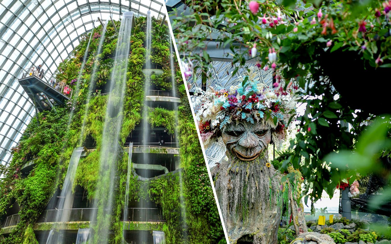 Cloud Forest waterfall and plant sculpture at Gardens by the Bay, Singapore.