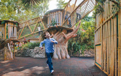 Child enjoying play area with rope bridges at Loro Park, Tenerife.