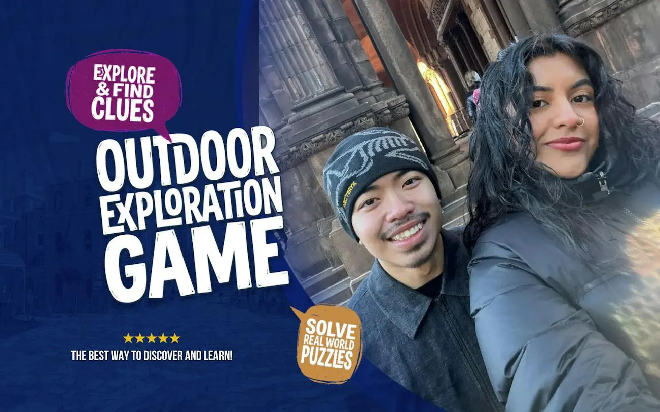 Outdoor exploration game promotion with two people smiling in front of historic Boston architecture.