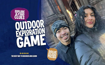 Outdoor exploration game promotion with two people smiling in front of historic Boston architecture.
