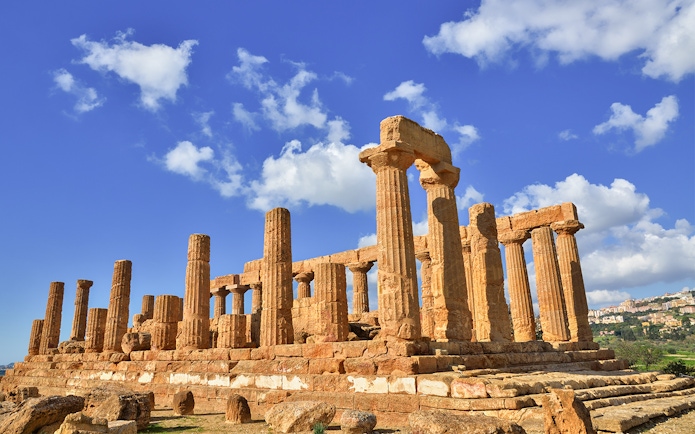 Ancient Greek temple ruins in Valley of the Temples, Agrigento, Sicily.
