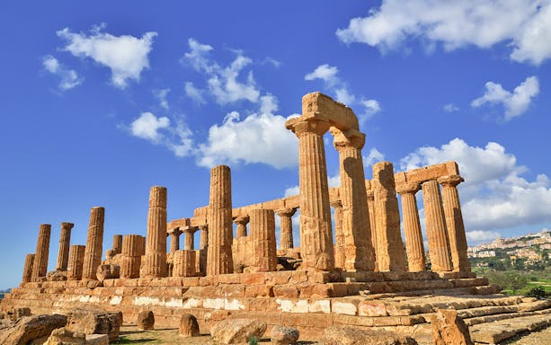Ancient Greek temple ruins in Valley of the Temples, Agrigento, Sicily.