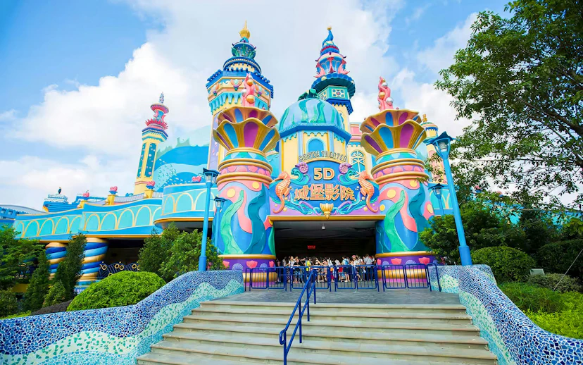 5D Castle Theater entrance at Zhuhai Chimelong Ocean Kingdom, Zhuhai, China, with colorful architecture.