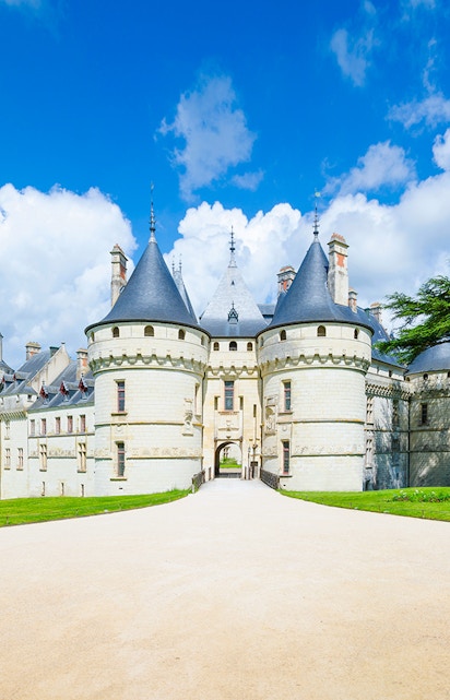 Château de Chaumont in Loire Valley, France, with its iconic turrets and stone facade.