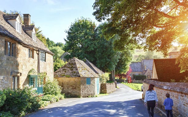 Cotswolds village street with stone cottages and lush greenery, part of small group tour.