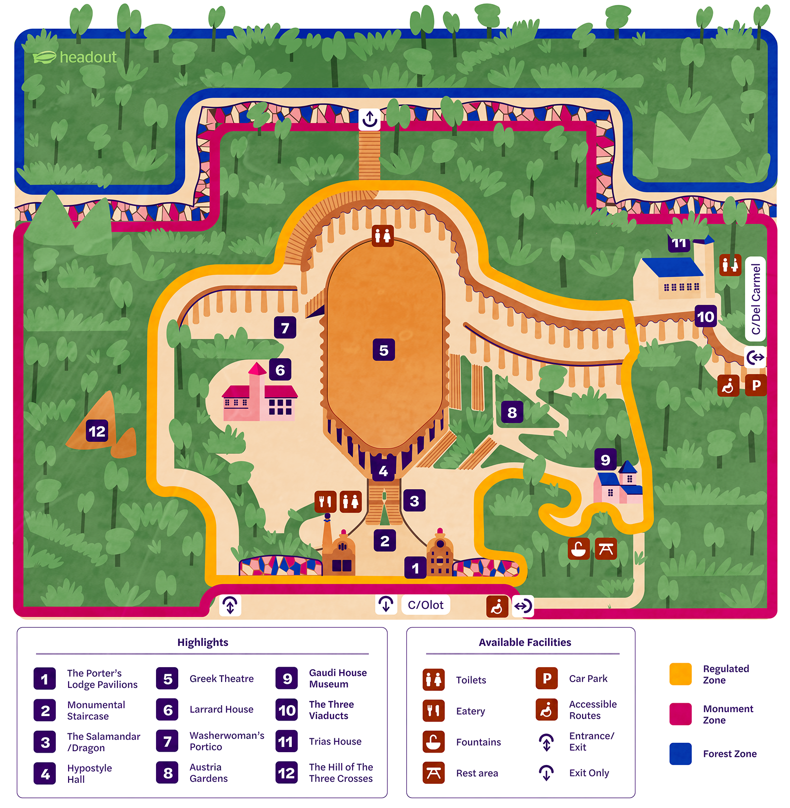 Park Guell map highlighting pathways, landmarks, and attractions in Barcelona, Spain.