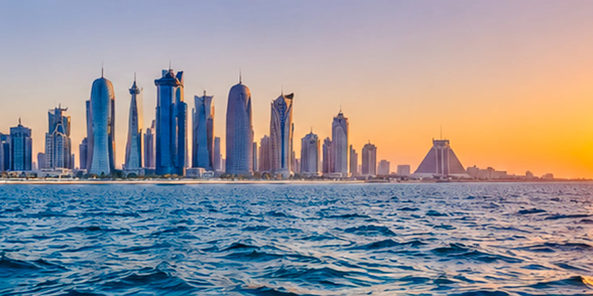 Doha skyline at sunset viewed from the sea during a fishing trip experience.