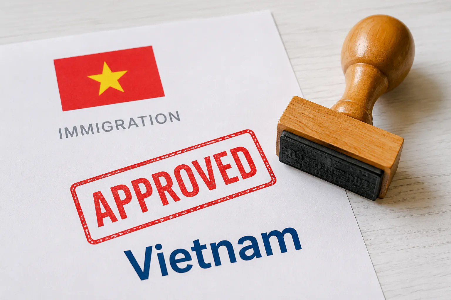 Vietnam immigration document with approved stamp and flag, related to E-visa service in Hanoi.