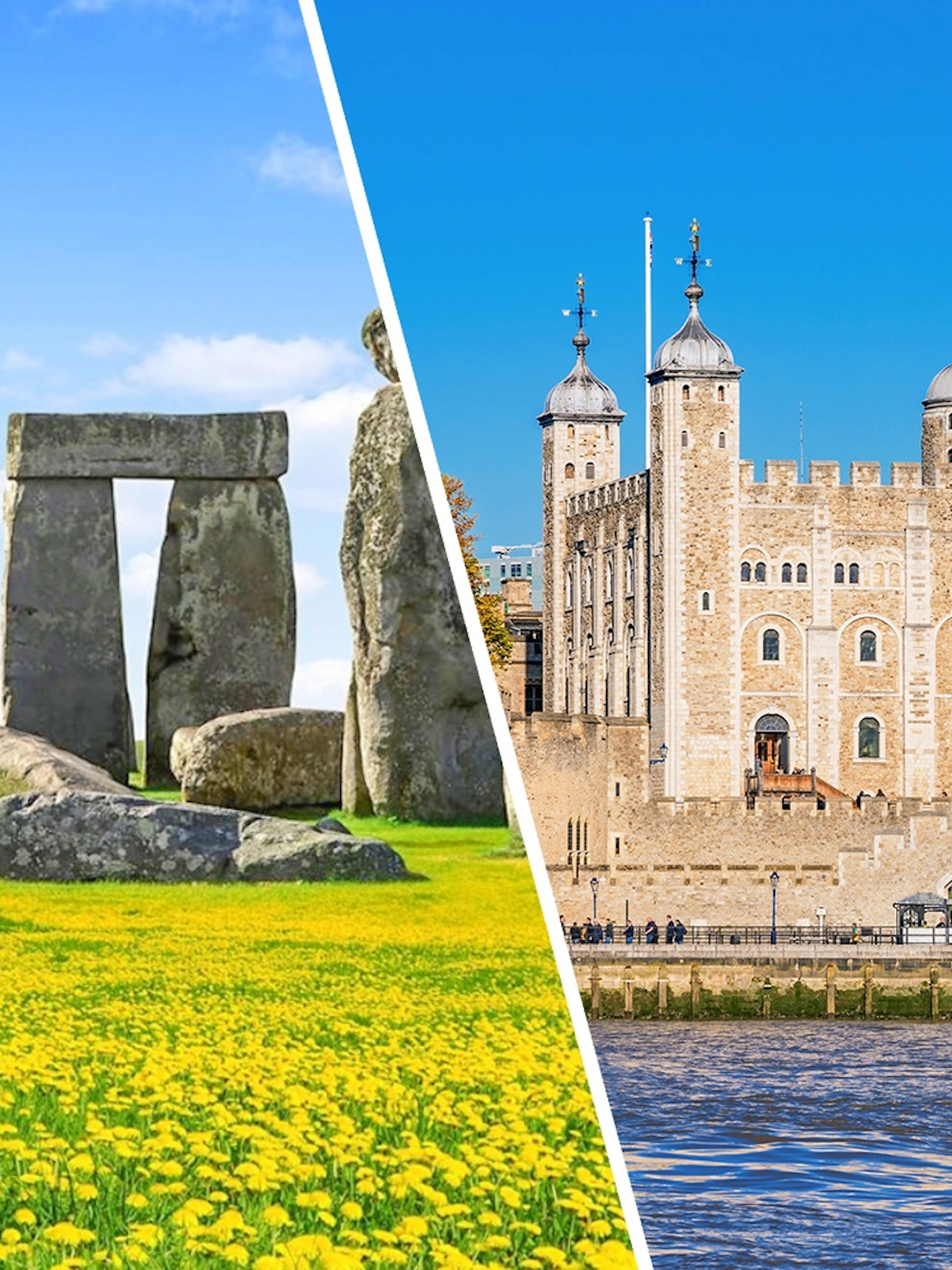 Tower of London viewed from Thames Cruise, London, with Stonehenge in the background.