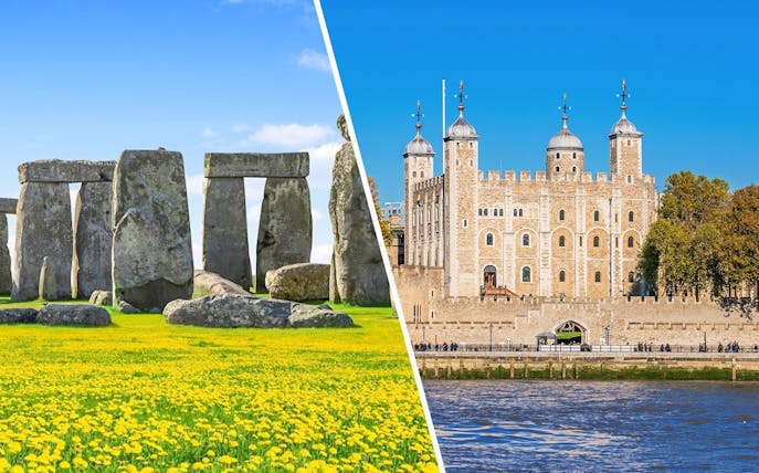 Tower of London viewed from Thames Cruise, London, with Stonehenge in the background.