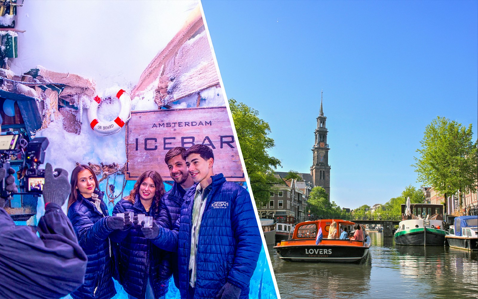 Group enjoying drinks at Amsterdam Icebar; canal cruise boat on Amsterdam canal with Westerkerk in view.