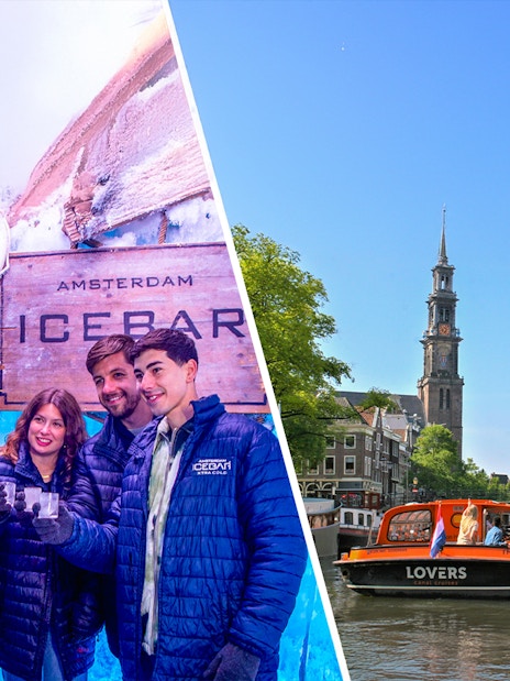 Group enjoying drinks at Amsterdam Icebar; canal cruise boat on Amsterdam canal with Westerkerk in view.