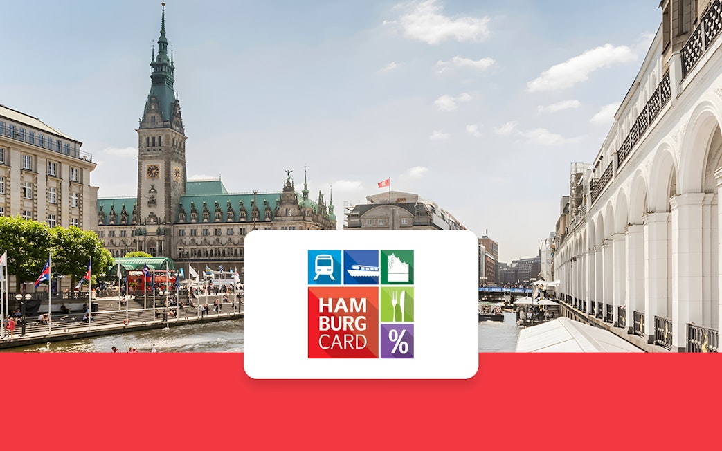 Hamburg City Card logo with Rathaus and Alsterarkaden in the background.