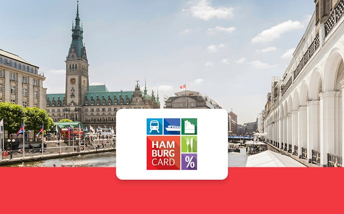 Hamburg City Card logo with Rathaus and Alsterarkaden in the background.