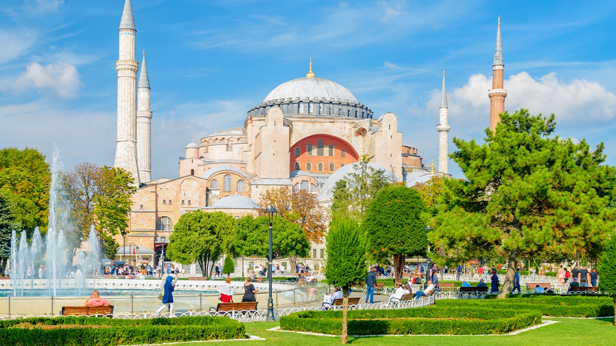 Fountain at Sultanahmet Square with Hagia Sophia in the background, Istanbul.