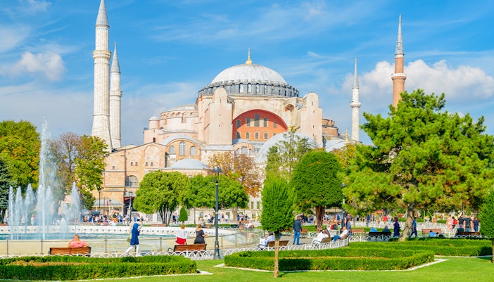 Fountain at Sultanahmet Square with Hagia Sophia in the background, Istanbul.
