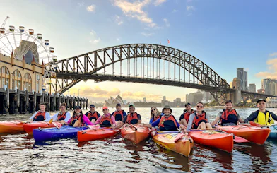 Group kayaking at sunrise on Sydney Harbour with Harbour Bridge and Opera House in view.