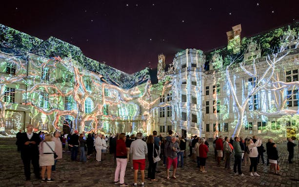 Visitors watching a sound and light show at the Royal Château of Blois, France.