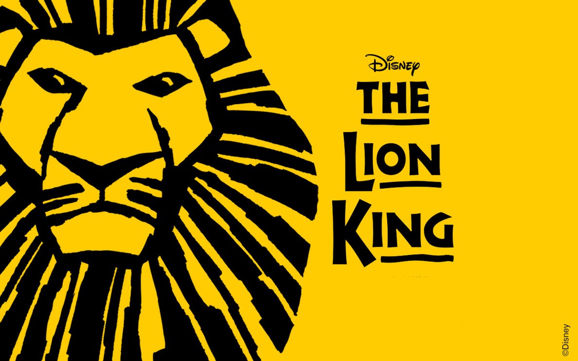 Lion face illustration with "The Lion King" text on yellow background.