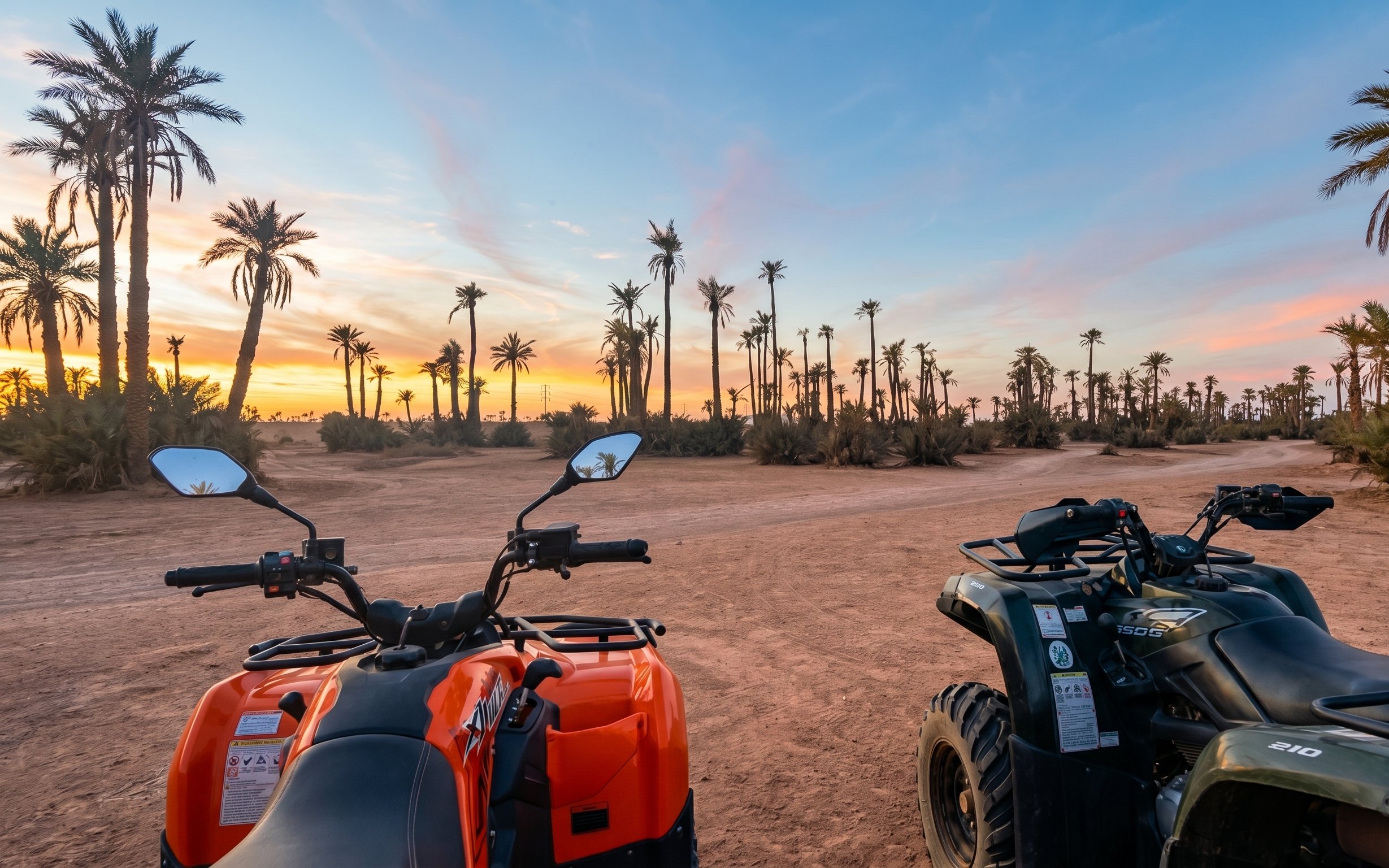Quad bikes in Marrakech palm grove at sunset.