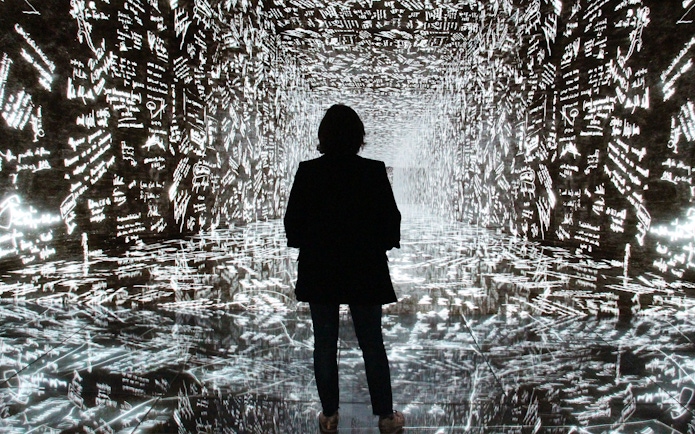 Visitor exploring digital art installation at Casa Batlló, Barcelona.