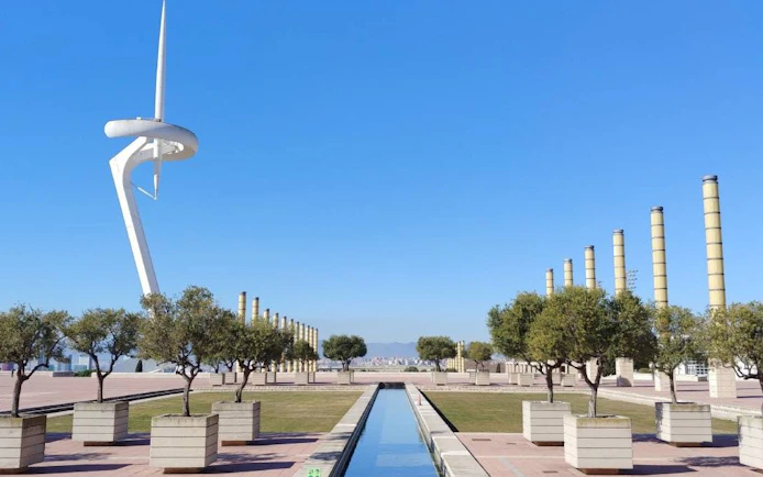 Olympic Ring on Montjuïc Hill, Barcelona with Calatrava Tower and surrounding columns.