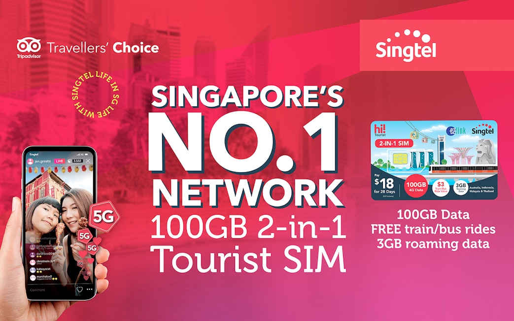 Singtel 2-in-1 Tourist SIM card with 100GB data and free transport in Singapore.