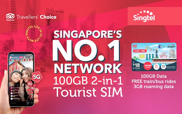 Singtel 2-in-1 Tourist SIM card with 100GB data and free transport in Singapore.