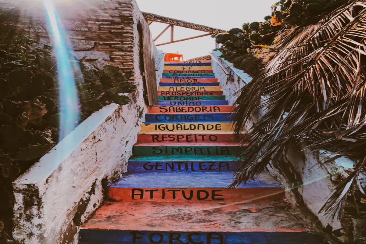 Colorful staircase with inspirational words in Canoa Quebrada, Sao Paulo.