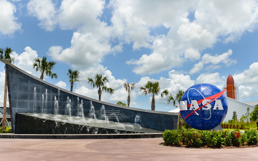 NASA globe and fountain at Kennedy Space Center Visitor Complex, Florida.