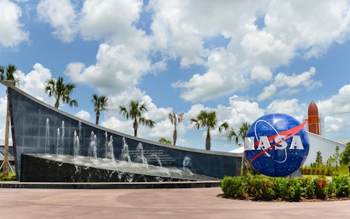 NASA globe and fountain at Kennedy Space Center Visitor Complex, Florida.