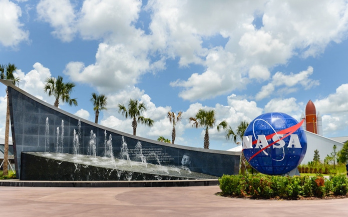 NASA globe and fountain at Kennedy Space Center Visitor Complex, Florida.