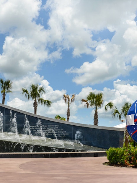 NASA globe and fountain at Kennedy Space Center Visitor Complex, Florida.