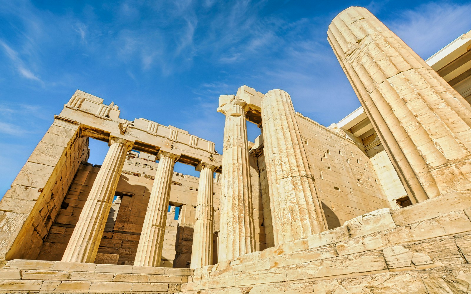Propylaea entrance with ancient columns at Acropolis of Athens, Greece.