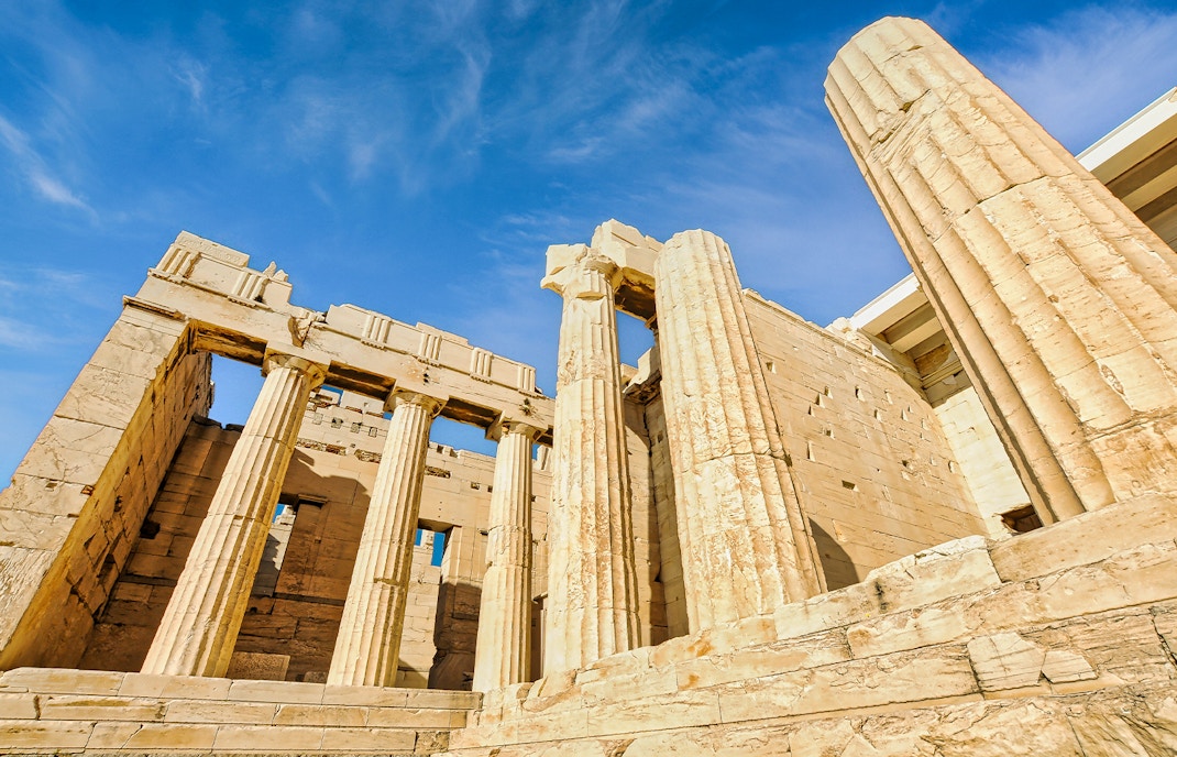 Propylaea entrance at Acropolis of Athens, Greece, showcasing ancient columns and architectural details.