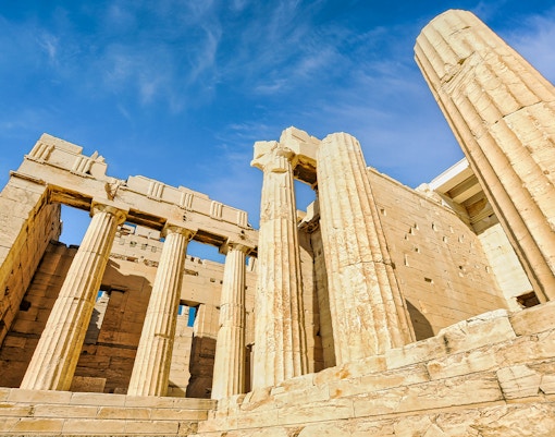 Propylaea entrance at Acropolis of Athens, Greece, showcasing ancient columns and architectural details.