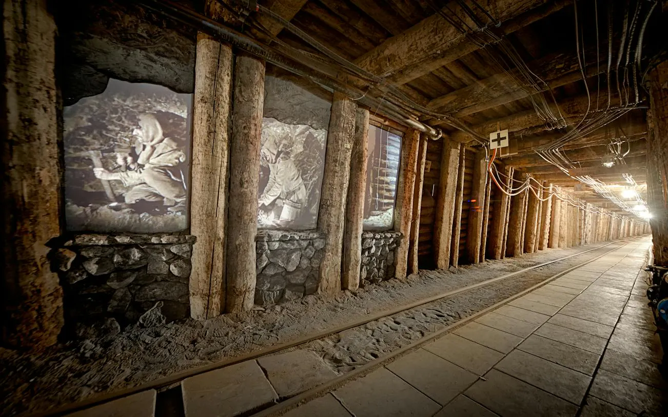 Underground corridor in Bochnia Salt Mine with historical displays, Krakow tour.